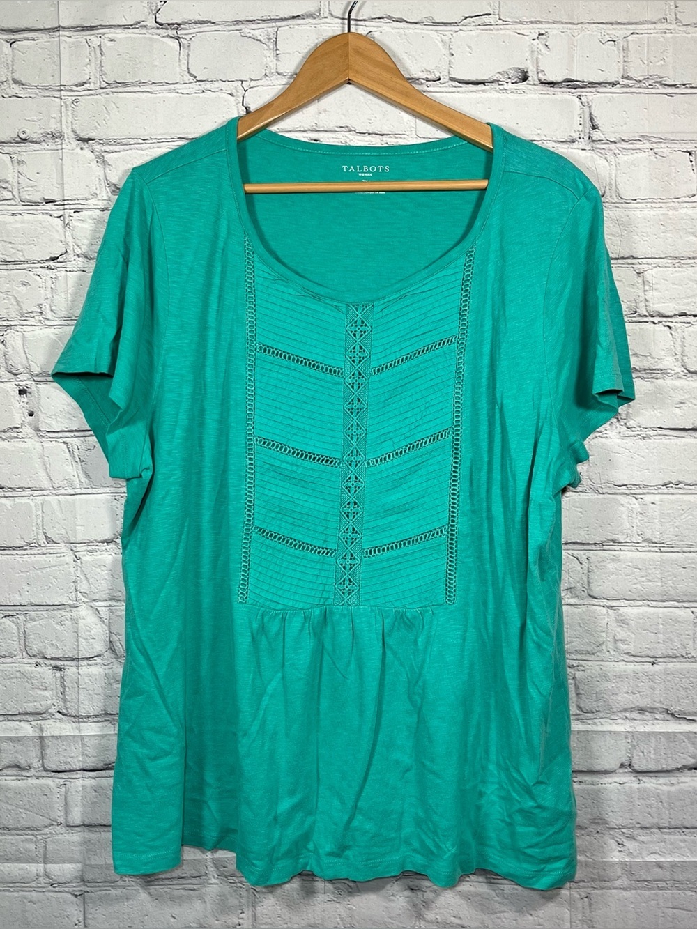 Talbots Tunic Short Sleeve Top Shirt Womens Plus Size 1X Green Embroidered